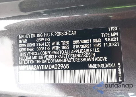 2021 Porsche Cayenne из США, поврежденный, VIN WP1AA2AY8MDA02965